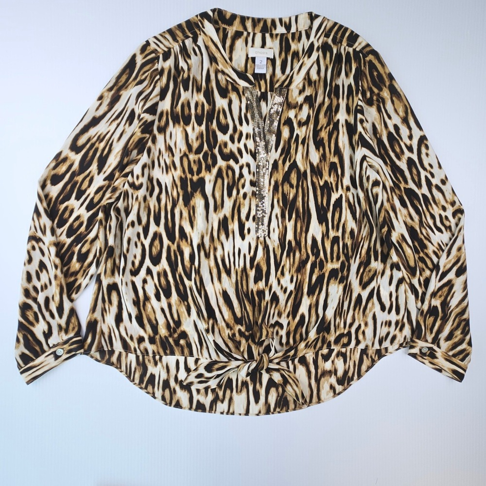 Chicos Leopard Print Sequin Trim Knot Tie Front Blouse Brown Tan Size 2 Large